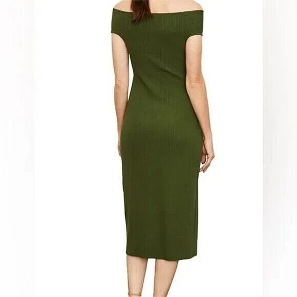 Vince Ribbed Twist Midi Dress Womens Size Small Olive Green Off Shoulder Stretch - Picture 5 of 7